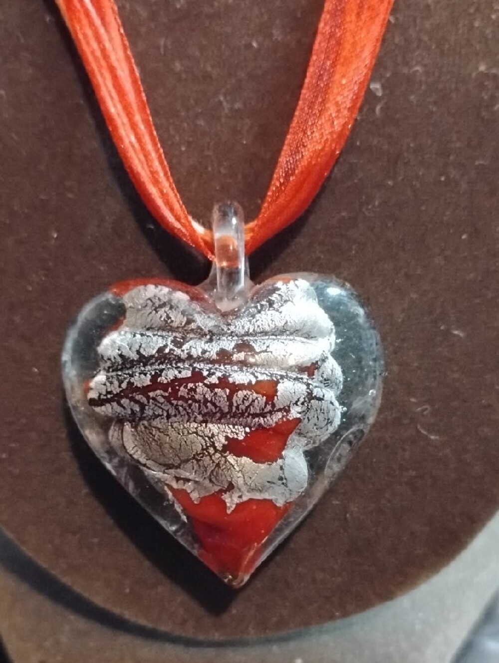 Glass Silver Red Heart Pendant Cord Ribbon Necklace Fashion Jewelry 18"L - Picture 2 of 4